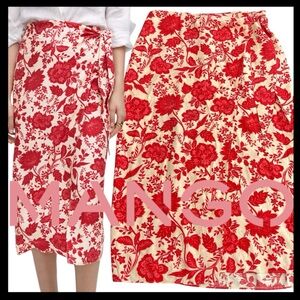 Mango Red/Cream Floral Wrap Side Tie Midi Skirt (L)